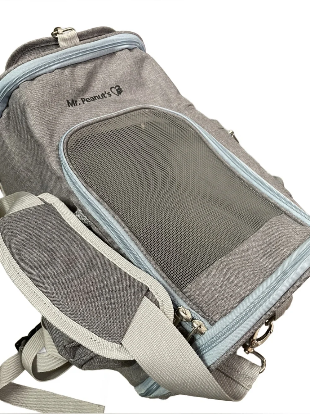 Mr. Peanuts Gray & Blue Convertible Small Pet Backpack & Crossbody Bag -Fleece